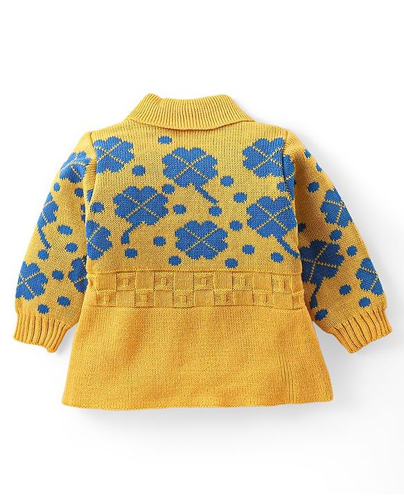 Babyhug Knitted Full Sleeves Sweater Set with Floral Design - Yellow
