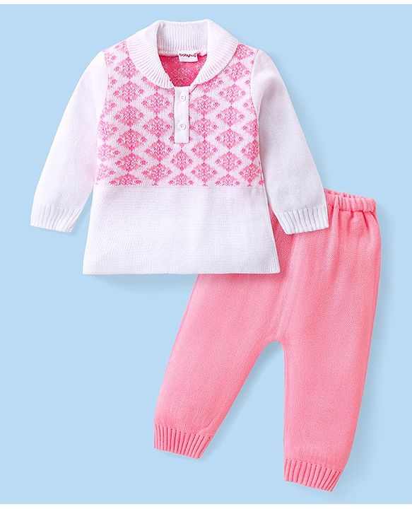 Babyhug Knitted Full Sleeves Collar Neck Sweater Set With Aztec Design - Pink