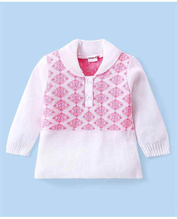 Babyhug Knitted Full Sleeves Collar Neck Sweater Set With Aztec Design - Pink