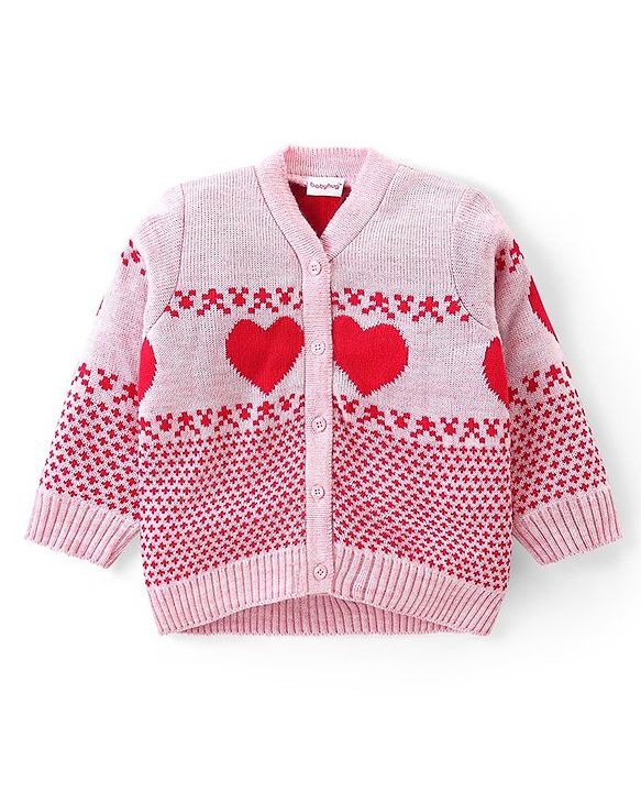 Babyhug Knitted Full Sleeves Front Open Sweater Set with Heart Design - Multicolour