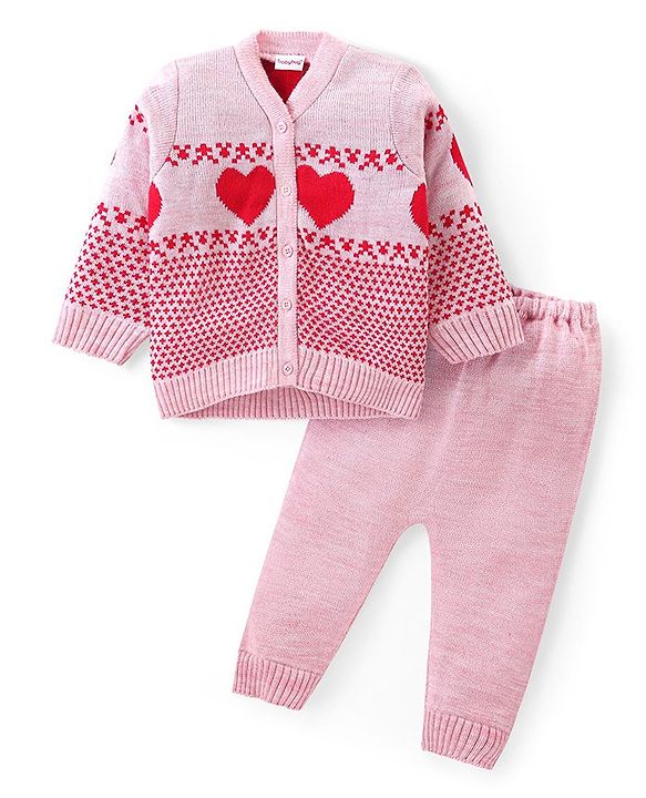 Babyhug Knitted Full Sleeves Front Open Sweater Set with Heart Design - Multicolour