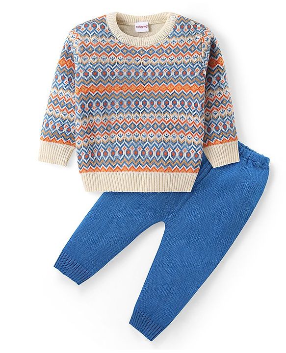 Babyhug Knit Full Sleeves Pullover Sweater Intarsia Design - Blue & Orange