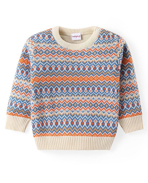 Babyhug Knit Full Sleeves Pullover Sweater Intarsia Design - Blue & Orange
