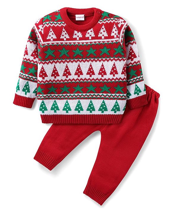 Babyhug Knit Full Sleeves Sweater Set with Christmas Theme Design - Red