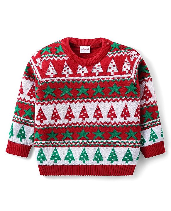 Babyhug Knit Full Sleeves Sweater Set with Christmas Theme Design - Red