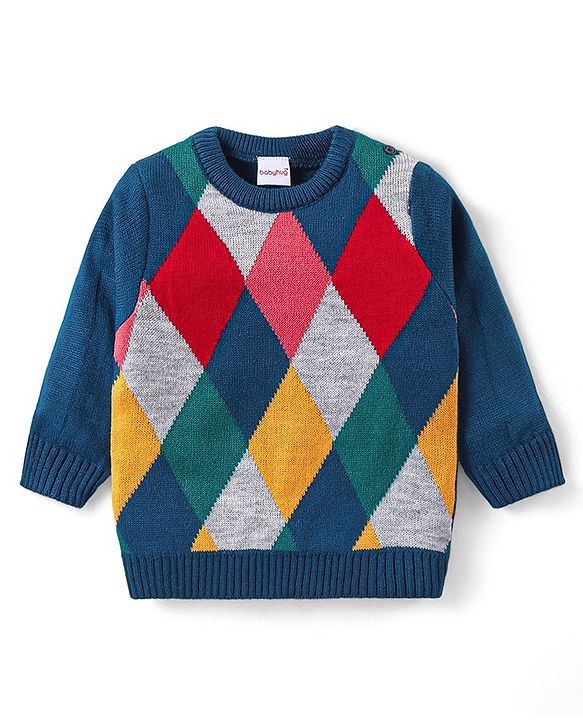 Babyhug Knitted Full Sleeves Sweater Set  with Argyle Design - Navy Blue & Grey
