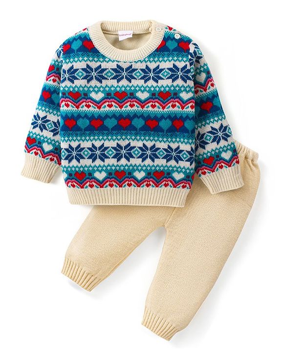 Babyhug Knitted Full Sleeves Pullover Sweater Set with Intarsia Design - Multicolour