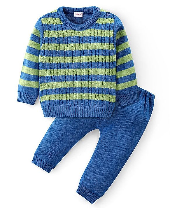 Babyhug Knitted Full Sleeves Striped Sweater Set - Blue & Lime