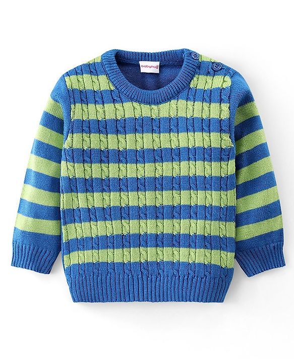 Babyhug Knitted Full Sleeves Striped Sweater Set - Blue & Lime