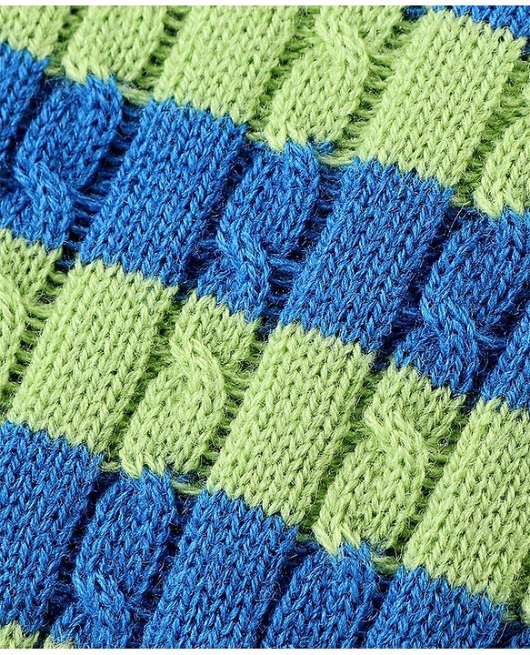 Babyhug Knitted Full Sleeves Striped Sweater Set - Blue & Lime