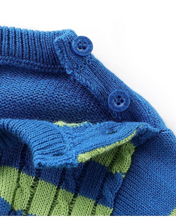 Babyhug Knitted Full Sleeves Striped Sweater Set - Blue & Lime