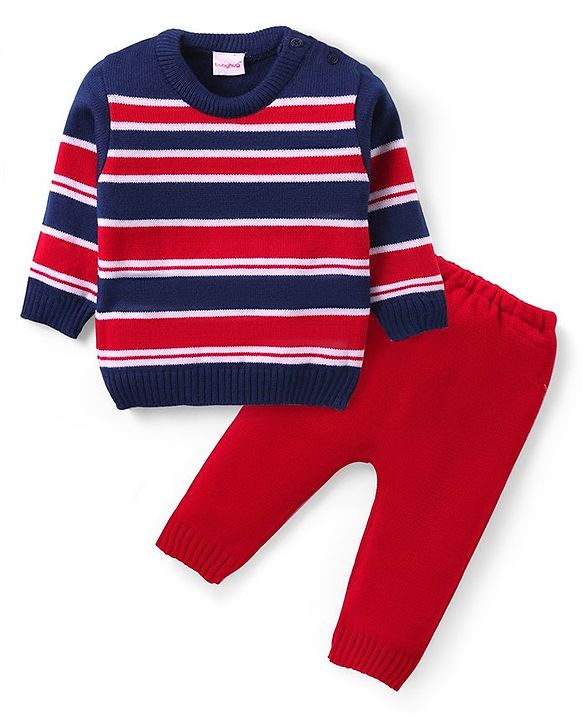 Babyhug Knit Full Sleeves Sweater & Pant Set Stripe Design - Red & Navy Blue
