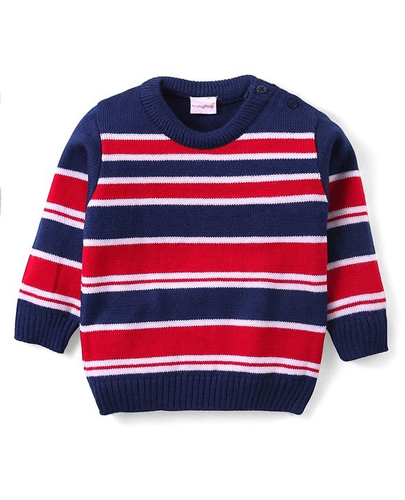 Babyhug Knit Full Sleeves Sweater & Pant Set Stripe Design - Red & Navy Blue