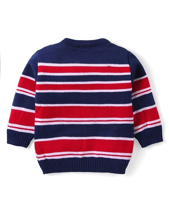Babyhug Knit Full Sleeves Sweater & Pant Set Stripe Design - Red & Navy Blue