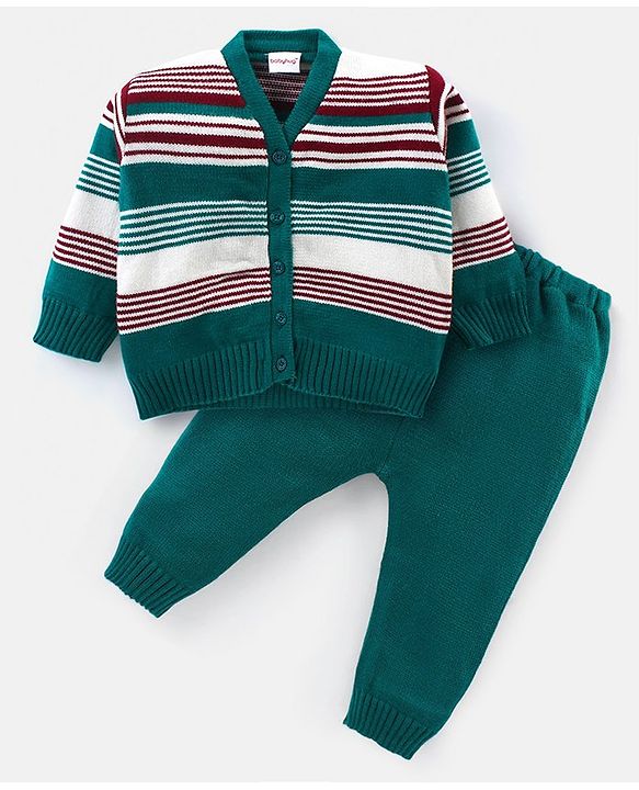 Babyhug Knitted Full Sleeves Striped Sweater Set - Green