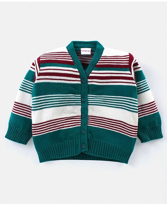 Babyhug Knitted Full Sleeves Striped Sweater Set - Green