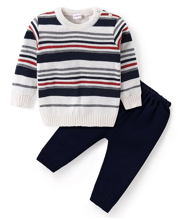 Babyhug Knit Full Sleeves Sweater & Pant Set Stripe Design - White & Navy Blue