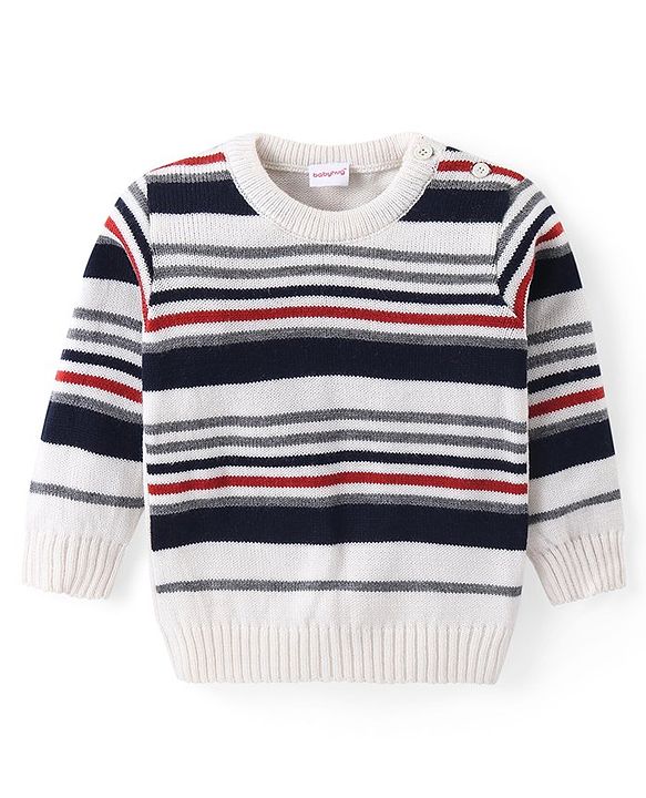 Babyhug Knit Full Sleeves Sweater & Pant Set Stripe Design - White & Navy Blue