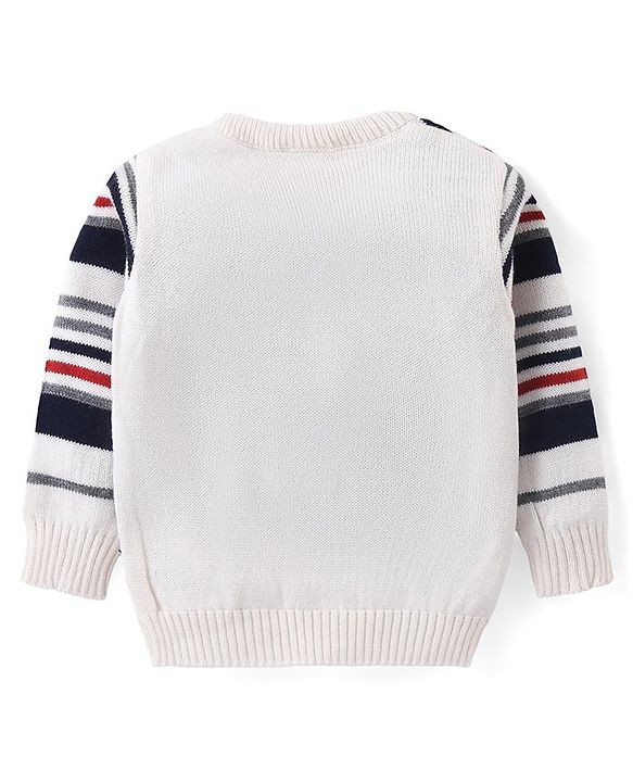 Babyhug Knit Full Sleeves Sweater & Pant Set Stripe Design - White & Navy Blue