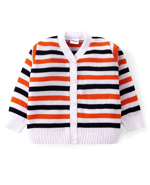 Babyhug Knit Full Sleeves Front Open Sweater Set with Stripes - Navy Blue & Orange