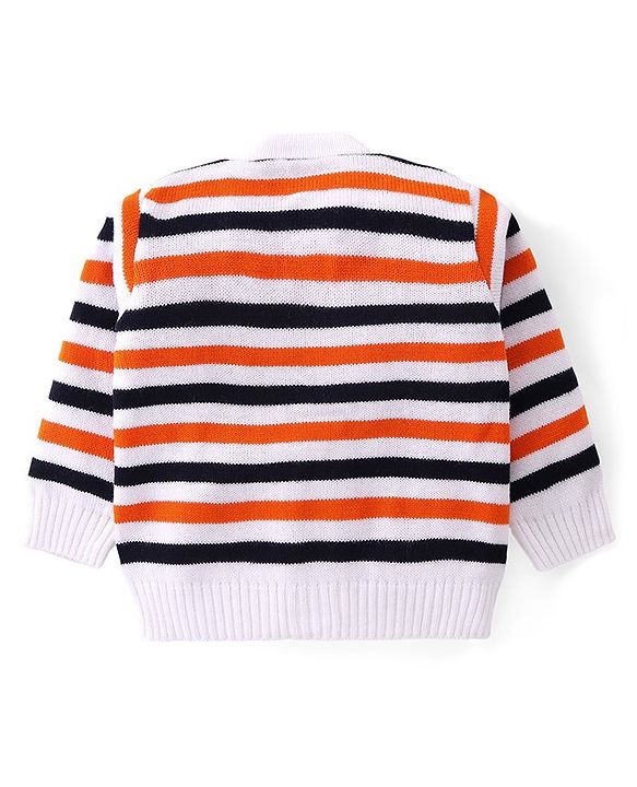 Babyhug Knit Full Sleeves Front Open Sweater Set with Stripes - Navy Blue & Orange