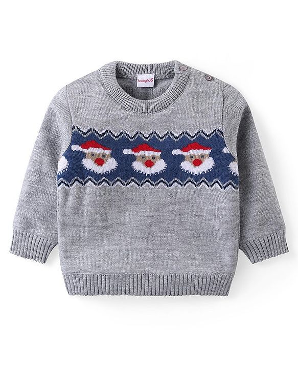 Babyhug Knit Full Sleeves Sweater & Pant Set Santa Claus Design - Grey & Rust