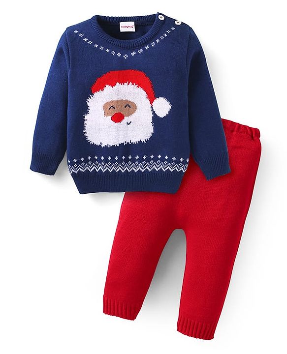 Babyhug Knitted Full Sleeves Santa Designed Pullover Sweater Set - Navy Blue