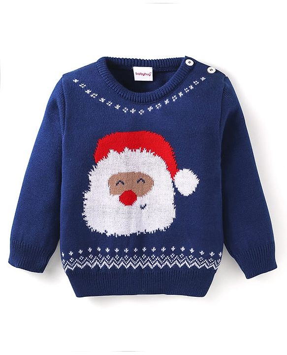 Babyhug Knitted Full Sleeves Santa Designed Pullover Sweater Set - Navy Blue