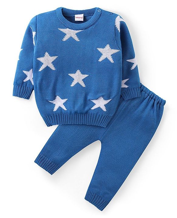 Babyhug Knit Full Sleeves Sweater & Pant Set Star Design - Blue