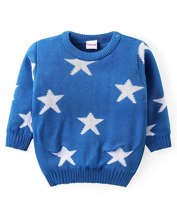 Babyhug Knit Full Sleeves Sweater & Pant Set Star Design - Blue