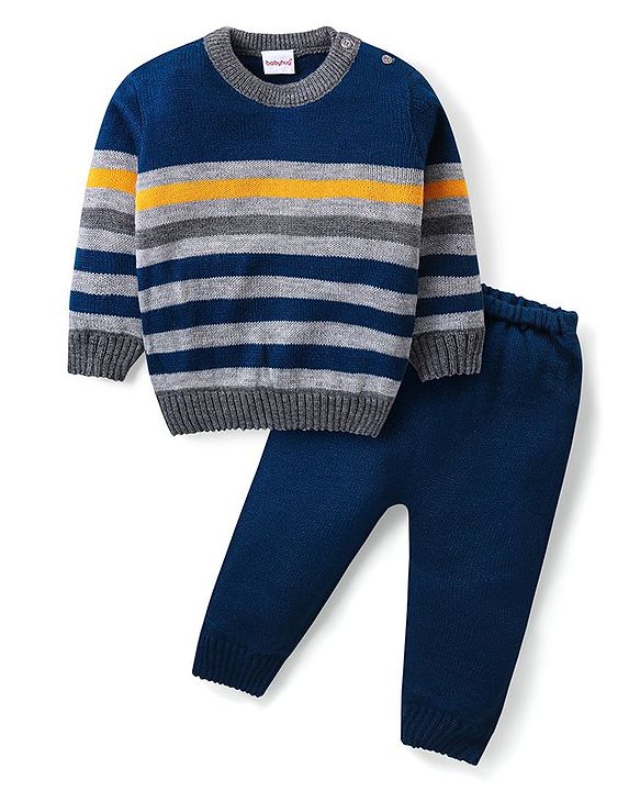 Babyhug Knit Full Sleeves Sweater & Pant Set Stripe Design -Navy Blue Yellow & Grey