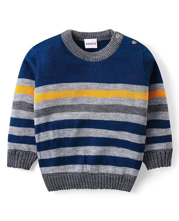 Babyhug Knit Full Sleeves Sweater & Pant Set Stripe Design -Navy Blue Yellow & Grey