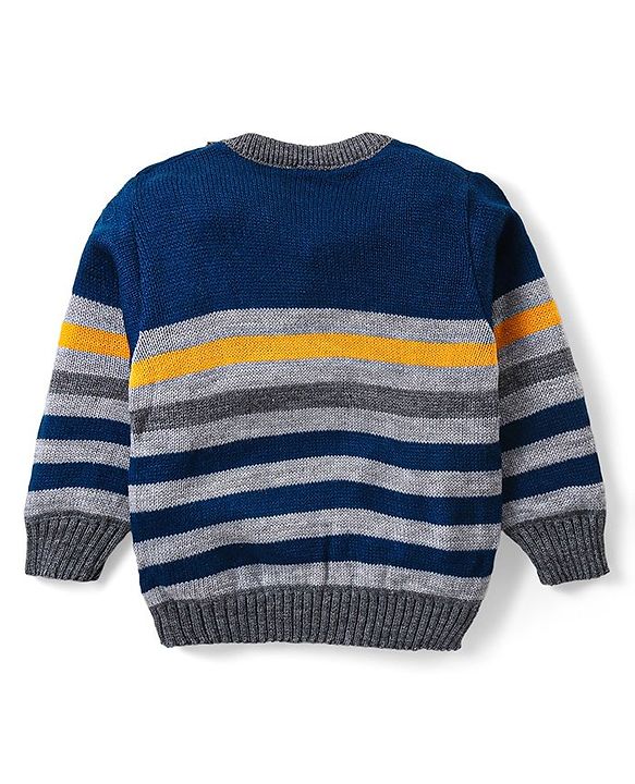 Babyhug Knit Full Sleeves Sweater & Pant Set Stripe Design -Navy Blue Yellow & Grey