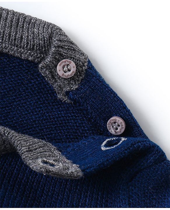 Babyhug Knit Full Sleeves Sweater & Pant Set Stripe Design -Navy Blue Yellow & Grey