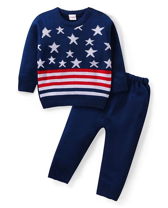 Babyhug Knit Full Sleeves Sweater & Pant Set Stripe & Star Design -Navy Blue