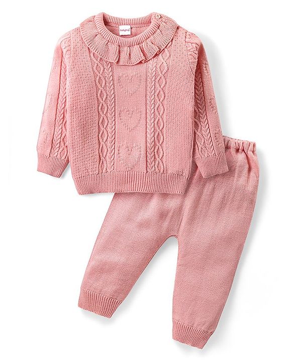 Babyhug Knitted Full Sleeves Pullover Sweater & Pant Set with Cable Knit & Heart Design - Pink