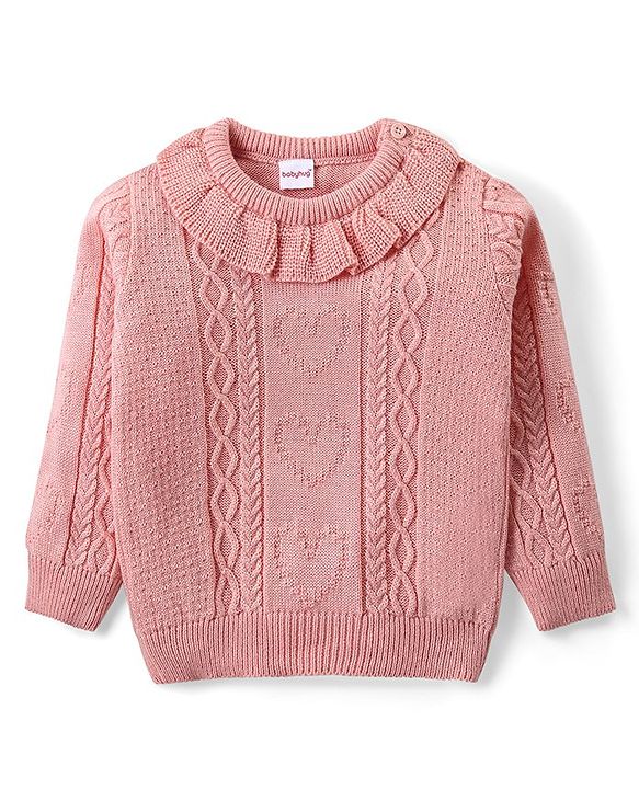 Babyhug Knitted Full Sleeves Pullover Sweater & Pant Set with Cable Knit & Heart Design - Pink