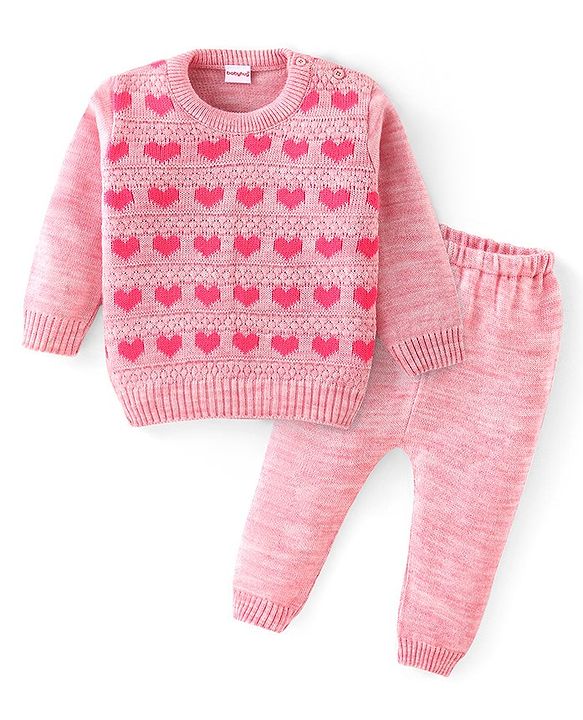 Babyhug Knit Full Sleeves Sweater Set with Heart Design -Pink