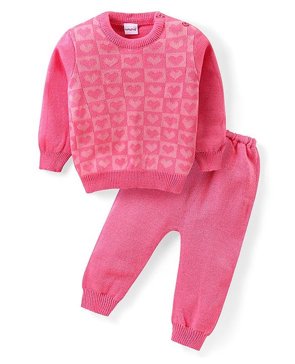 Babyhug Knit Full Sleeves Sweater & Pant Set Heart Design - Pink