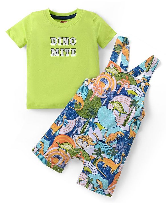Babyhug Cotton Knit Half Sleeves T-Shirt & Dungaree Set with Dino Print - Multicolour