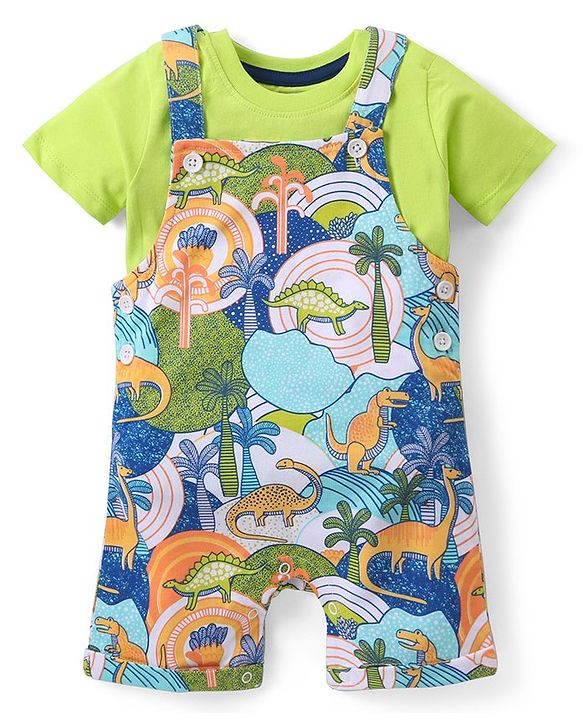 Babyhug Cotton Knit Half Sleeves T-Shirt & Dungaree Set with Dino Print - Multicolour