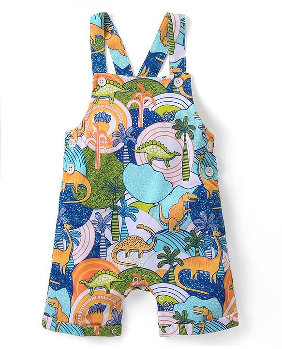 Babyhug Cotton Knit Half Sleeves T-Shirt & Dungaree Set with Dino Print - Multicolour