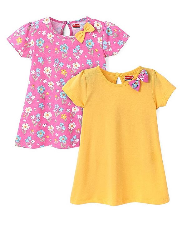 Babyhug Single Jersey Knit Half Sleeves Frocks With Bow Applique & Floral Print Pack Of 2 - Pink & Yellow