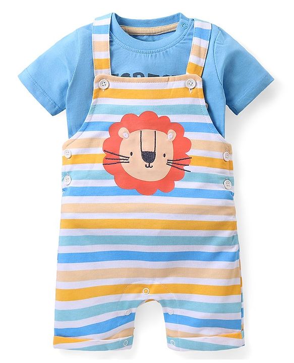 Babyhug Cotton Knit Half Sleeves T-Shirt & Striped Dungaree Set with Tiger Print - Multicolour