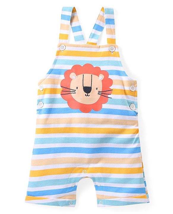 Babyhug Cotton Knit Half Sleeves T-Shirt & Striped Dungaree Set with Tiger Print - Multicolour