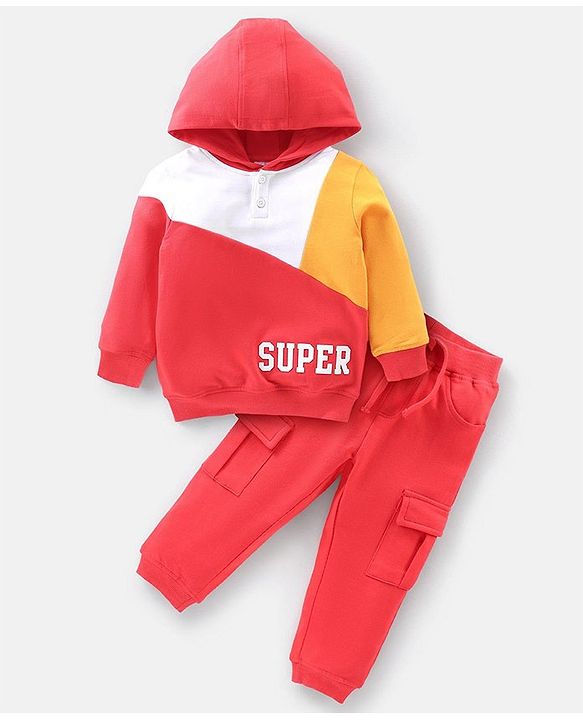 Babyhug Cotton Knit Full Sleeves Hooded T-Shirt & Jogger Pants Set With Color Block Print - Multicolor