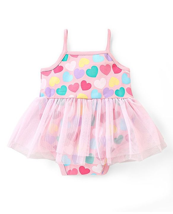 Babyhug 100% Cotton Knit Sleeveless Frock Style Onesie with Bow Applique & Heart Print - Pink