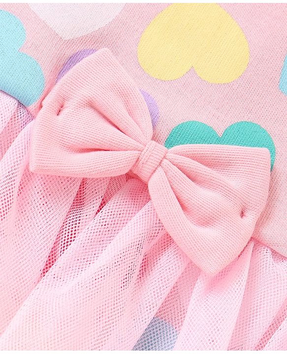 Babyhug 100% Cotton Knit Sleeveless Frock Style Onesie with Bow Applique & Heart Print - Pink