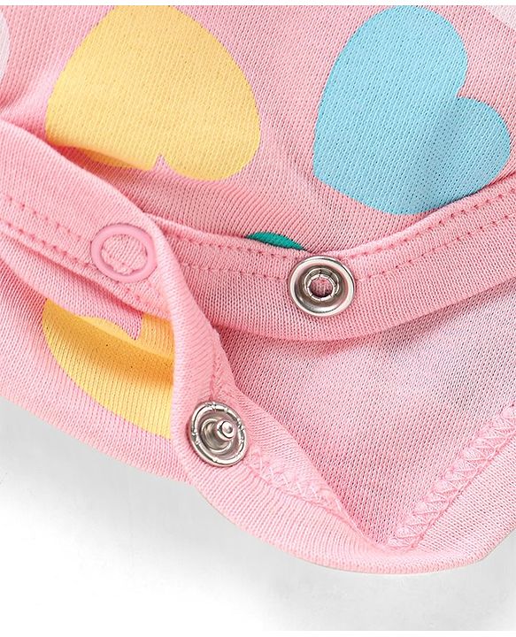 Babyhug 100% Cotton Knit Sleeveless Frock Style Onesie with Bow Applique & Heart Print - Pink