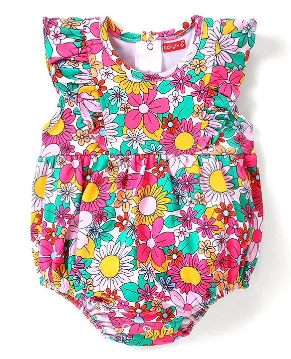 Babyhug 100% Cotton Knit Sleeveless  Onesie with Floral Print - Multicolour